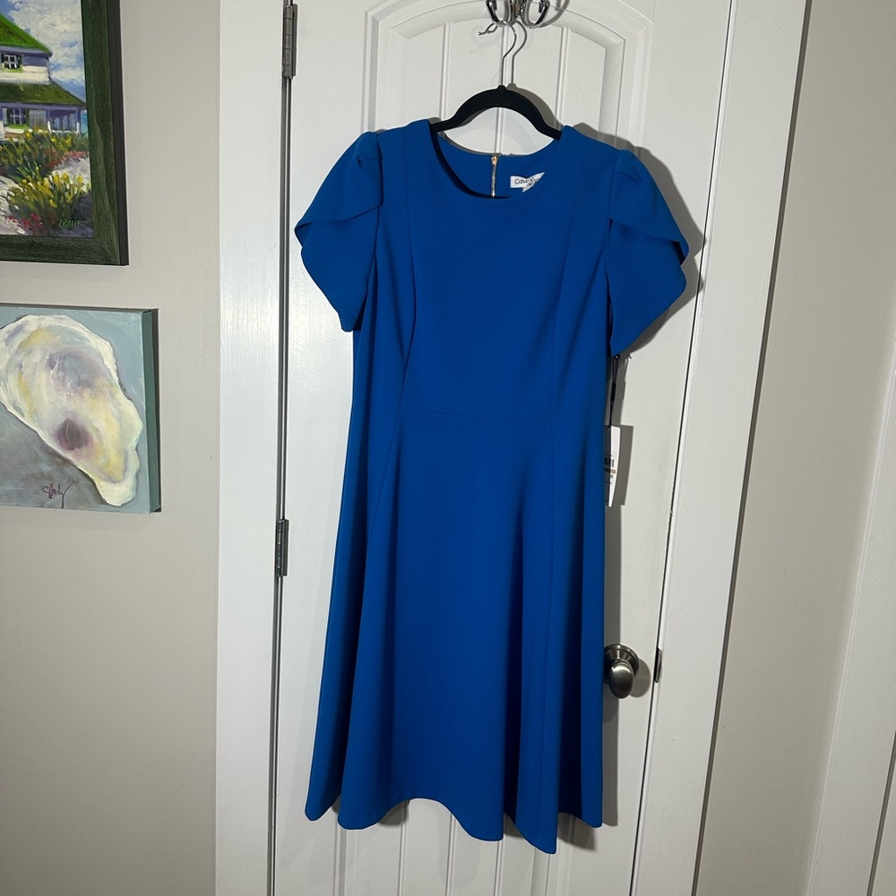 NWT CALVIN KLEIN Classic Fit Blue Flare Midi Dress, Size 12 - Picture 4 of 13